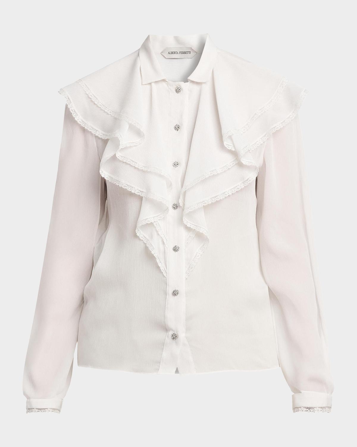 Alberta Ferretti Plisse Ruffle Button-Down Blouse
