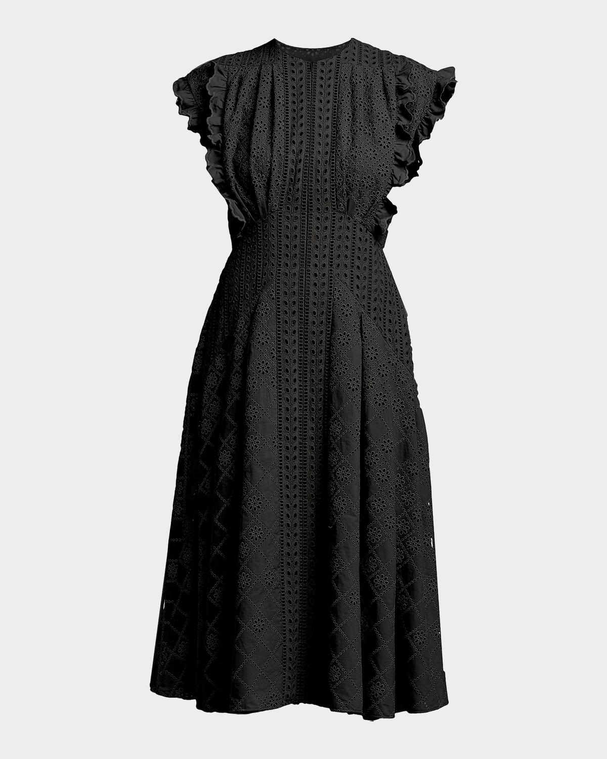 Alberta Ferretti Cap-Sleeve Pleated Eyelet Cotton Midi Dress