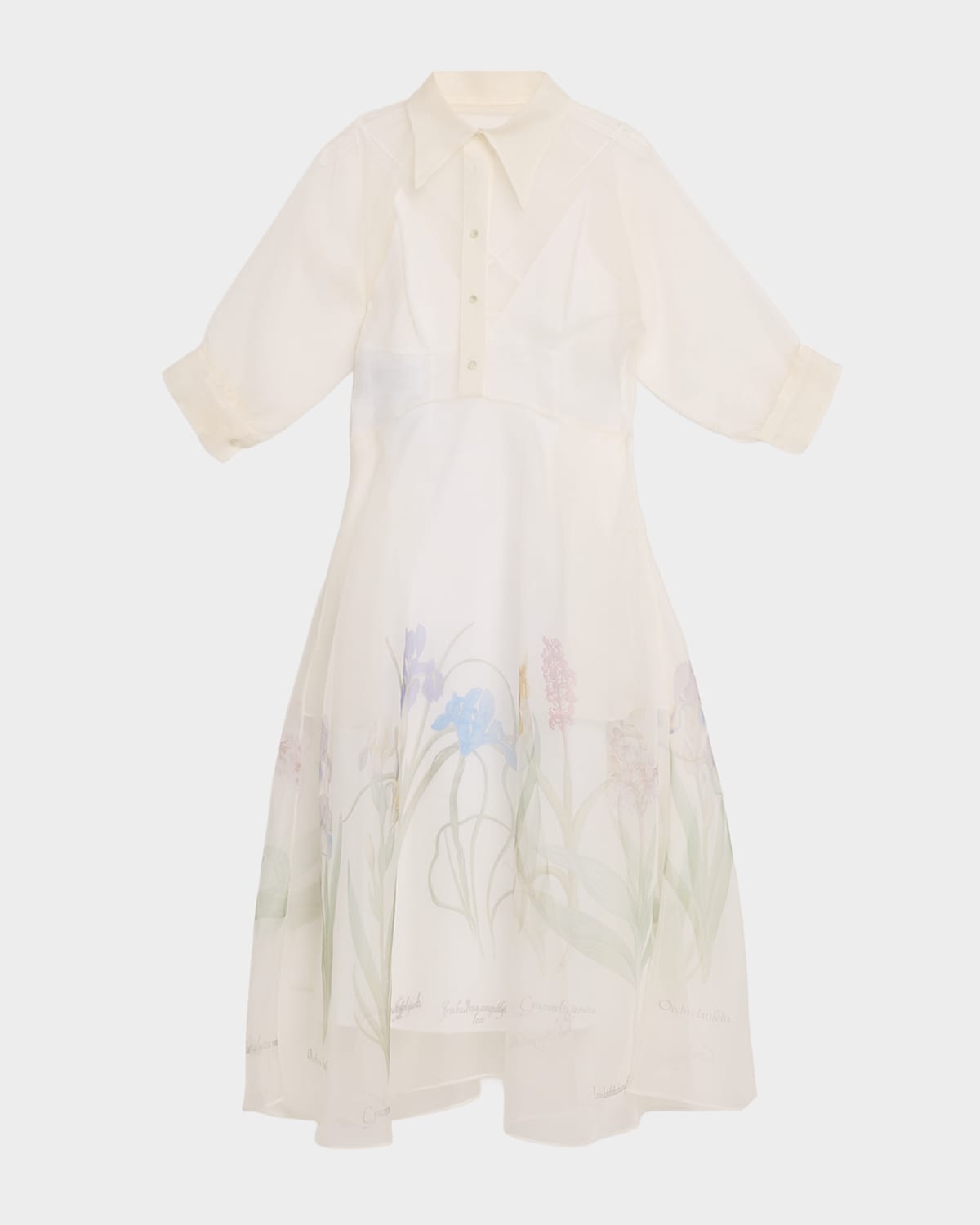 Iris-Print Silk Organza 3/4-Sleeve Midi Shirtdress
