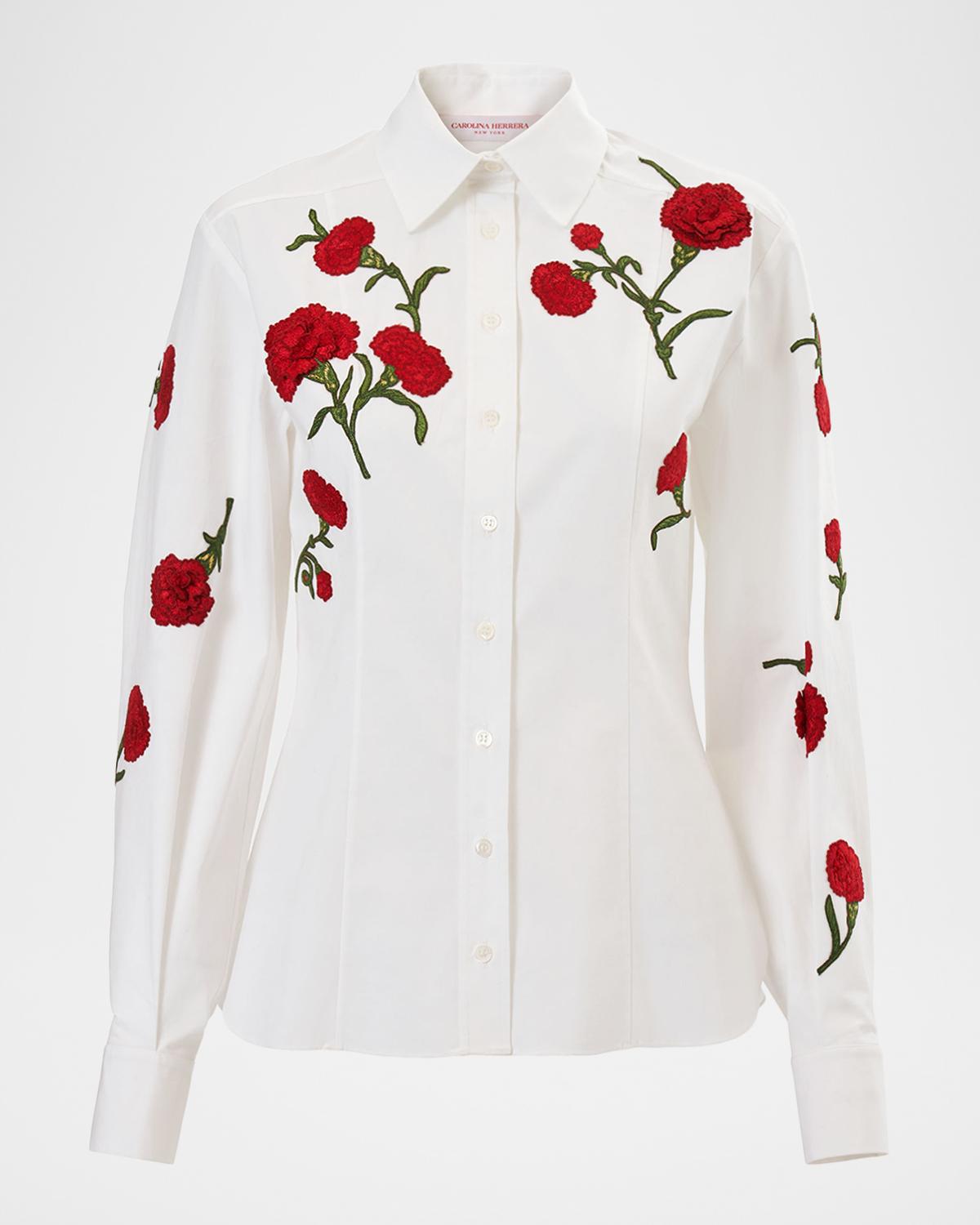 Carolina Herrera Isabela Carnation Embroidered Button-Down Top