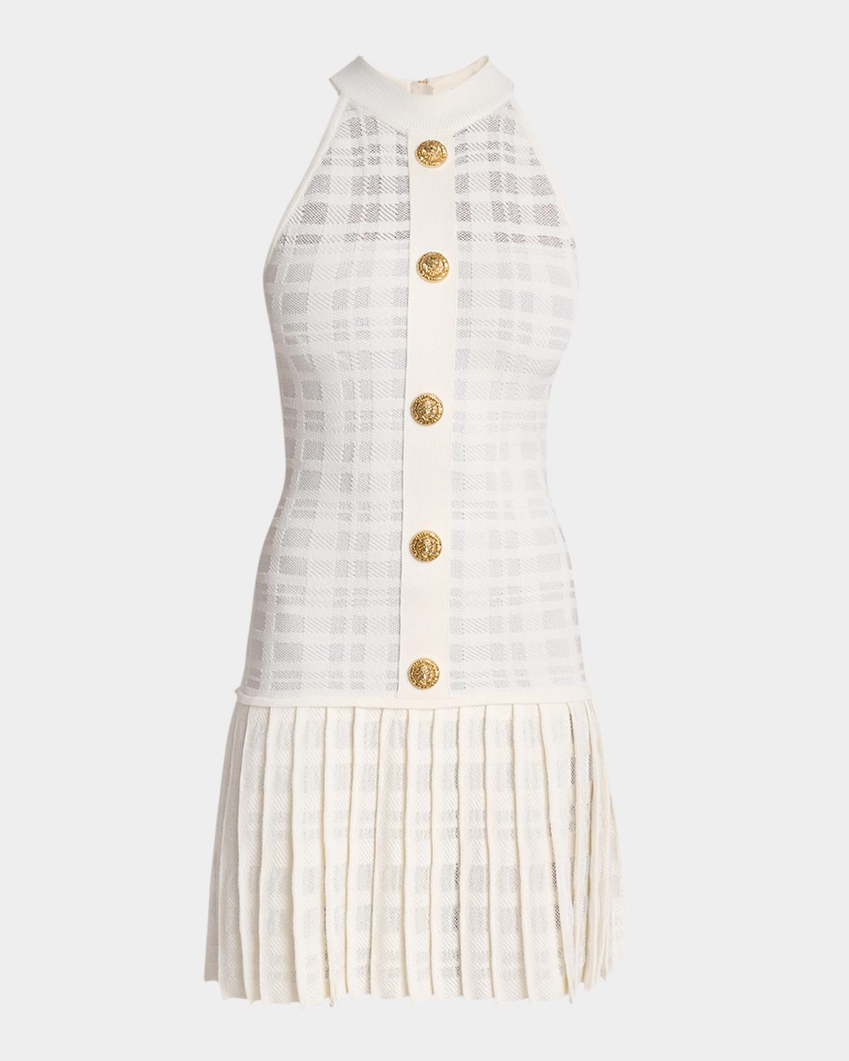 Balmain Button-Front Tartan Knit Pleated Mini Halter Dress