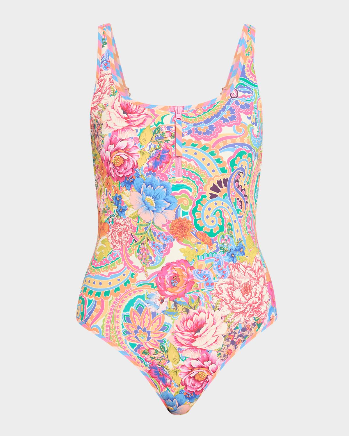 Johnny Was Paisley Floral Zip Tank One-Piece Swimsuit