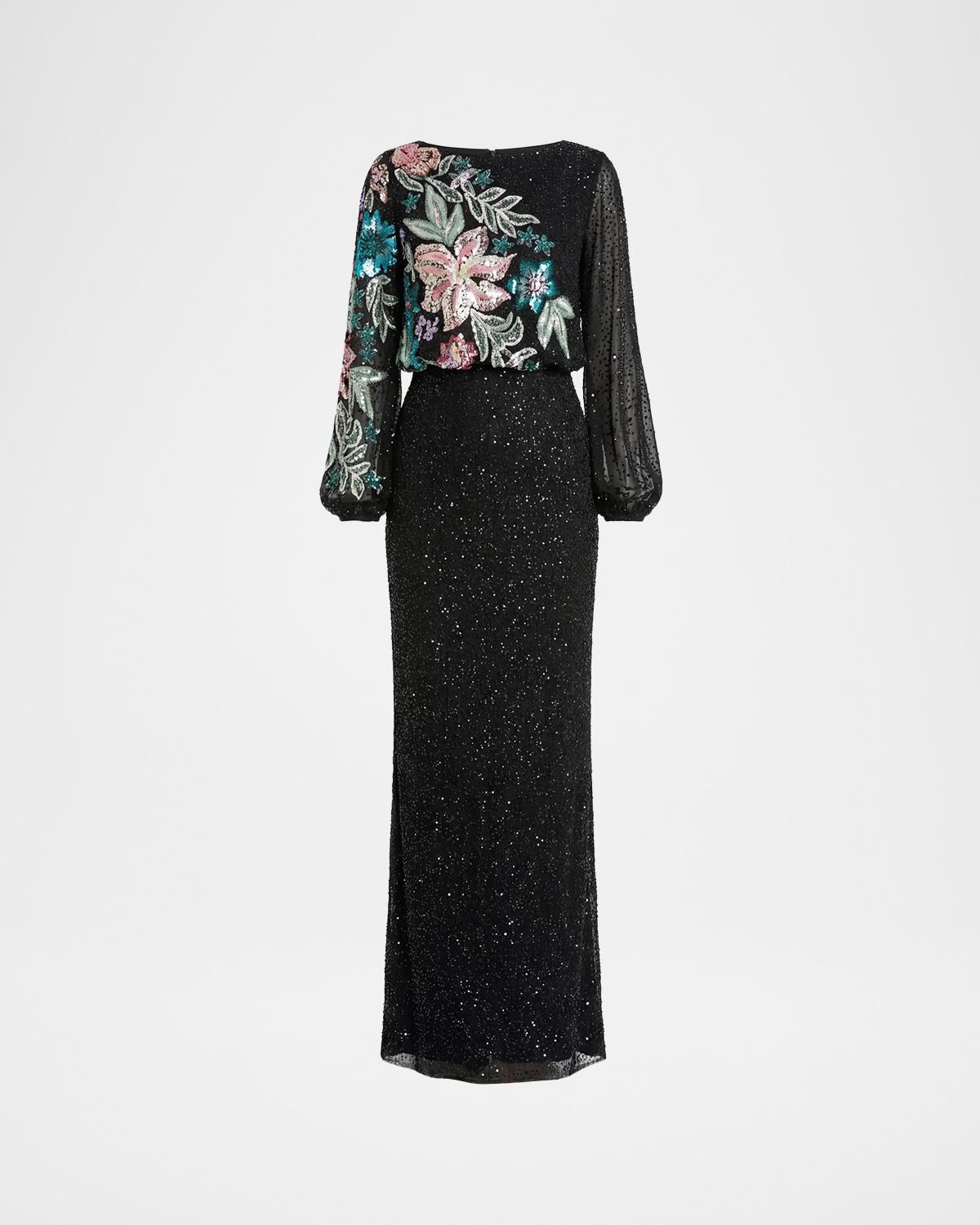 Mac Duggal Beaded Floral Sequin Column Gown