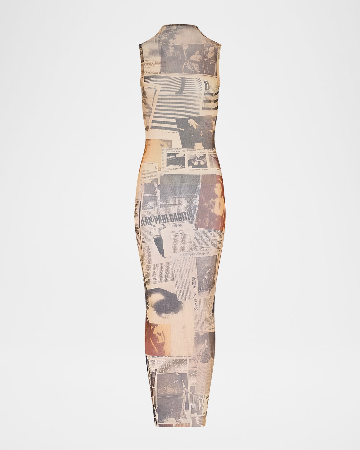 Jean Paul Gaultier Newspaper-Print Mesh High-Neck Sleeveless Maxi Dress