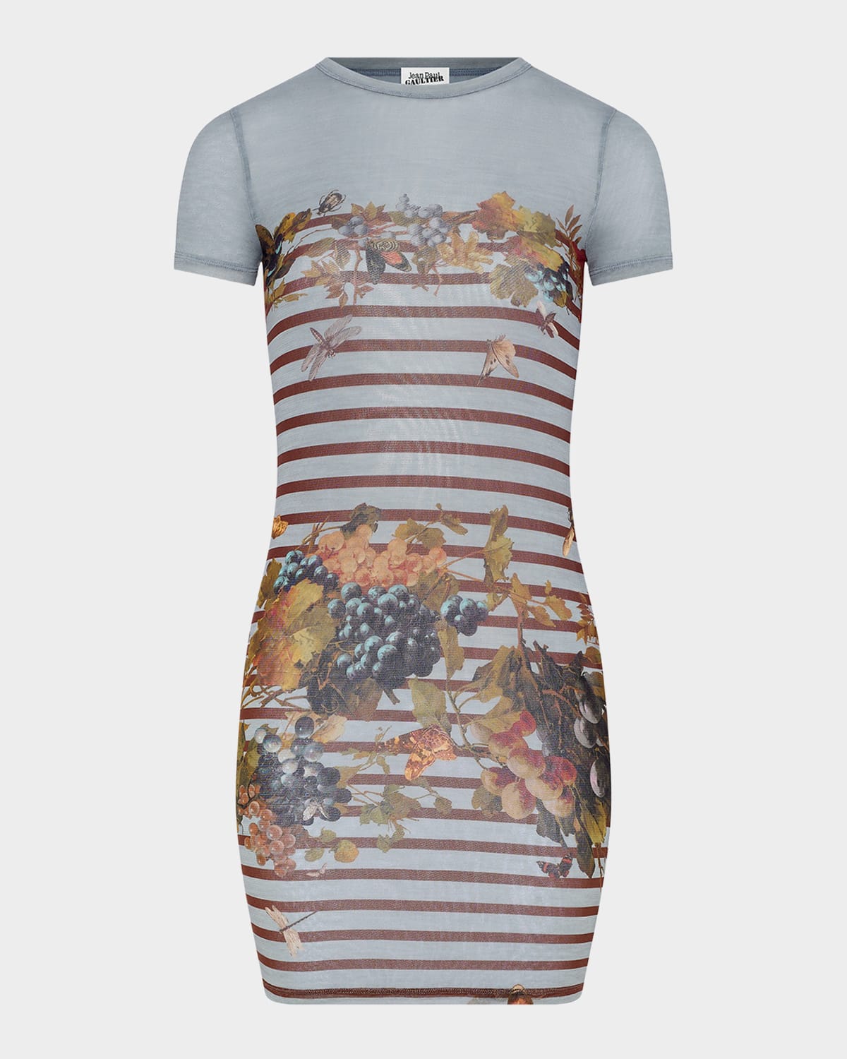 Jean Paul Gaultier Mariniere Grapes-Print Mesh Short-Sleeve Mini Dress