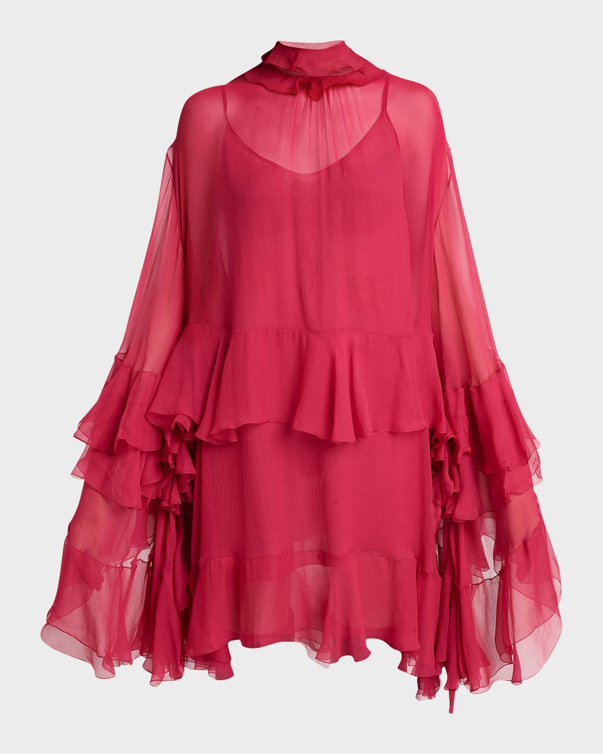 Chloe Tiered Ruffle Silk Mousseline Long-Sleeve Mini Dress