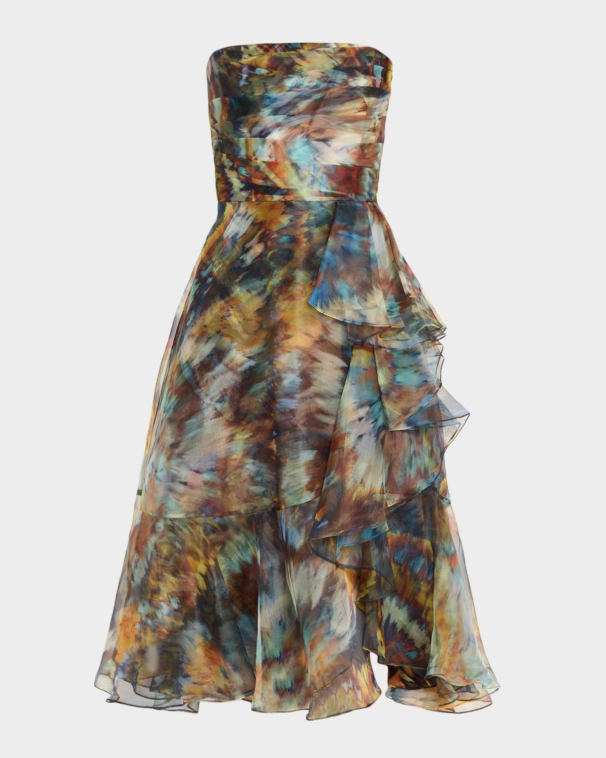 Theia Evanthe Strapless Draped Organza Midi Dress