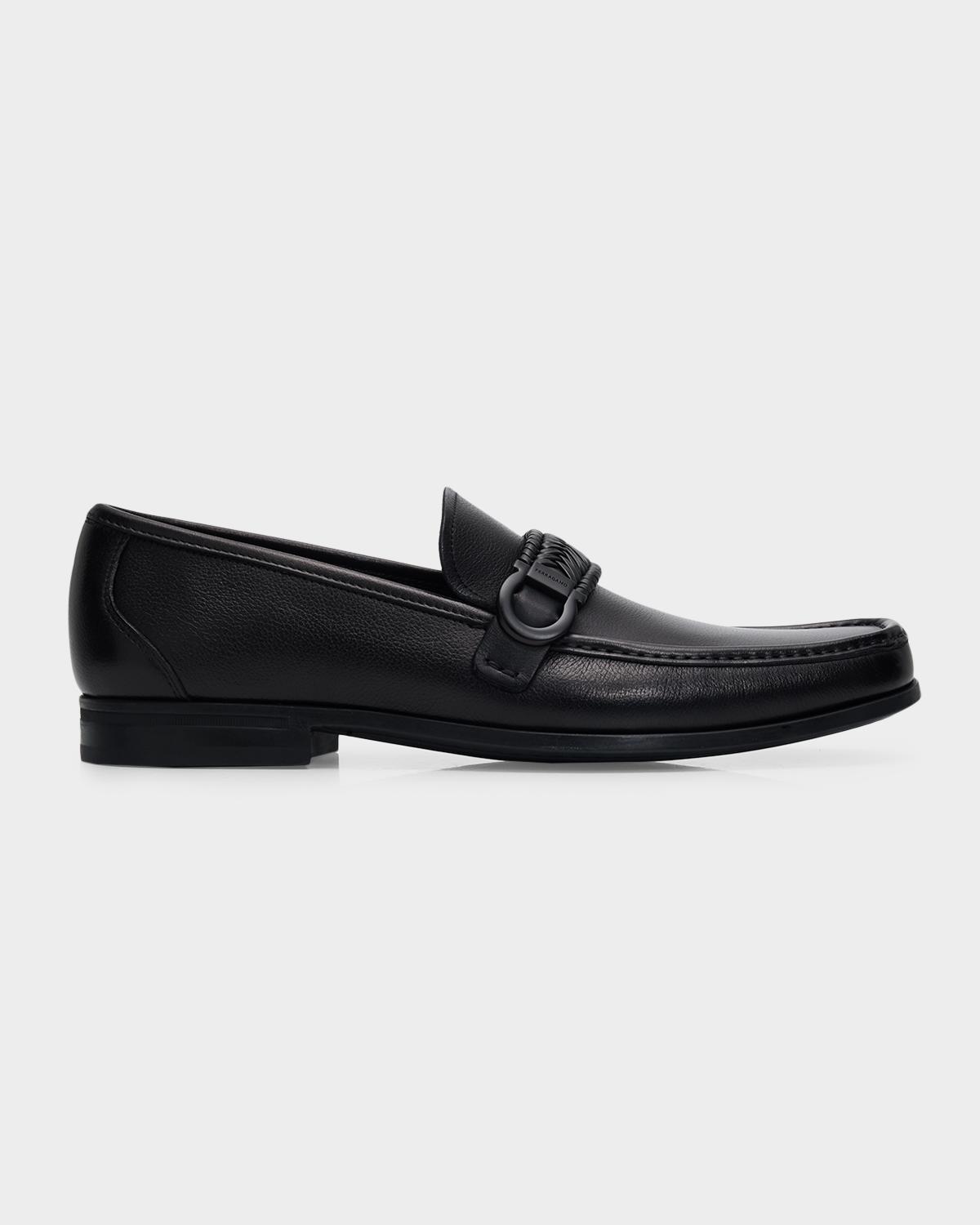 FERRAGAMO Men's Side-Gancini Leather Moccasin Loafers with Hand-Woven Strap