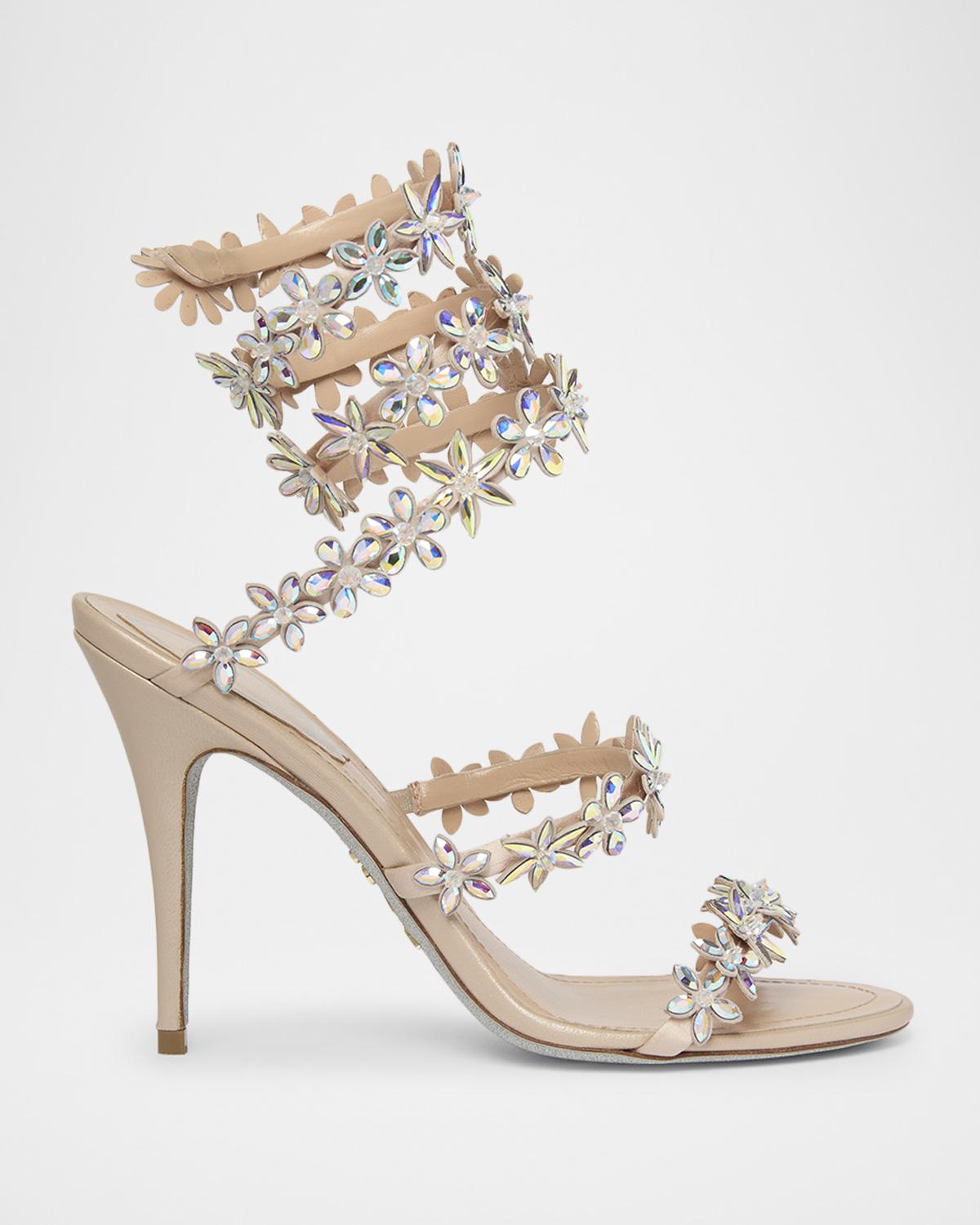Rene Caovilla 100mm Cleo Flower-Embellished Leather Sandals