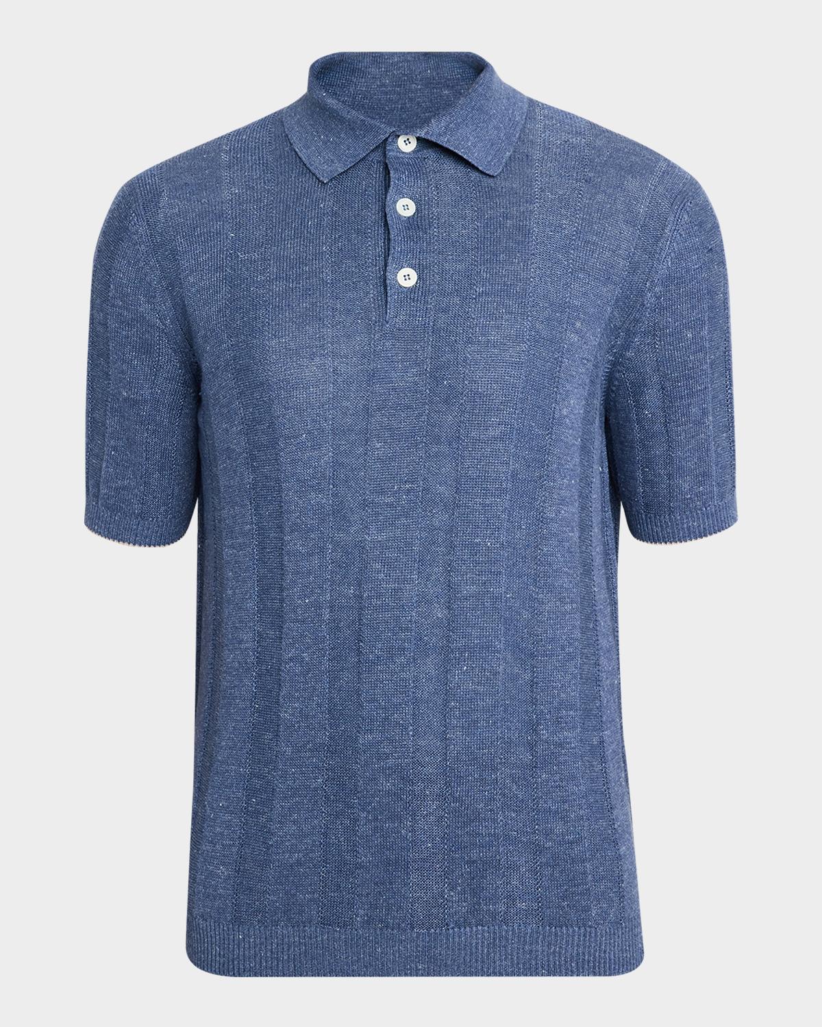 Brunello Cucinelli Men's Linen and Cotton Ribbed Short-Sleeve Polo Sweater