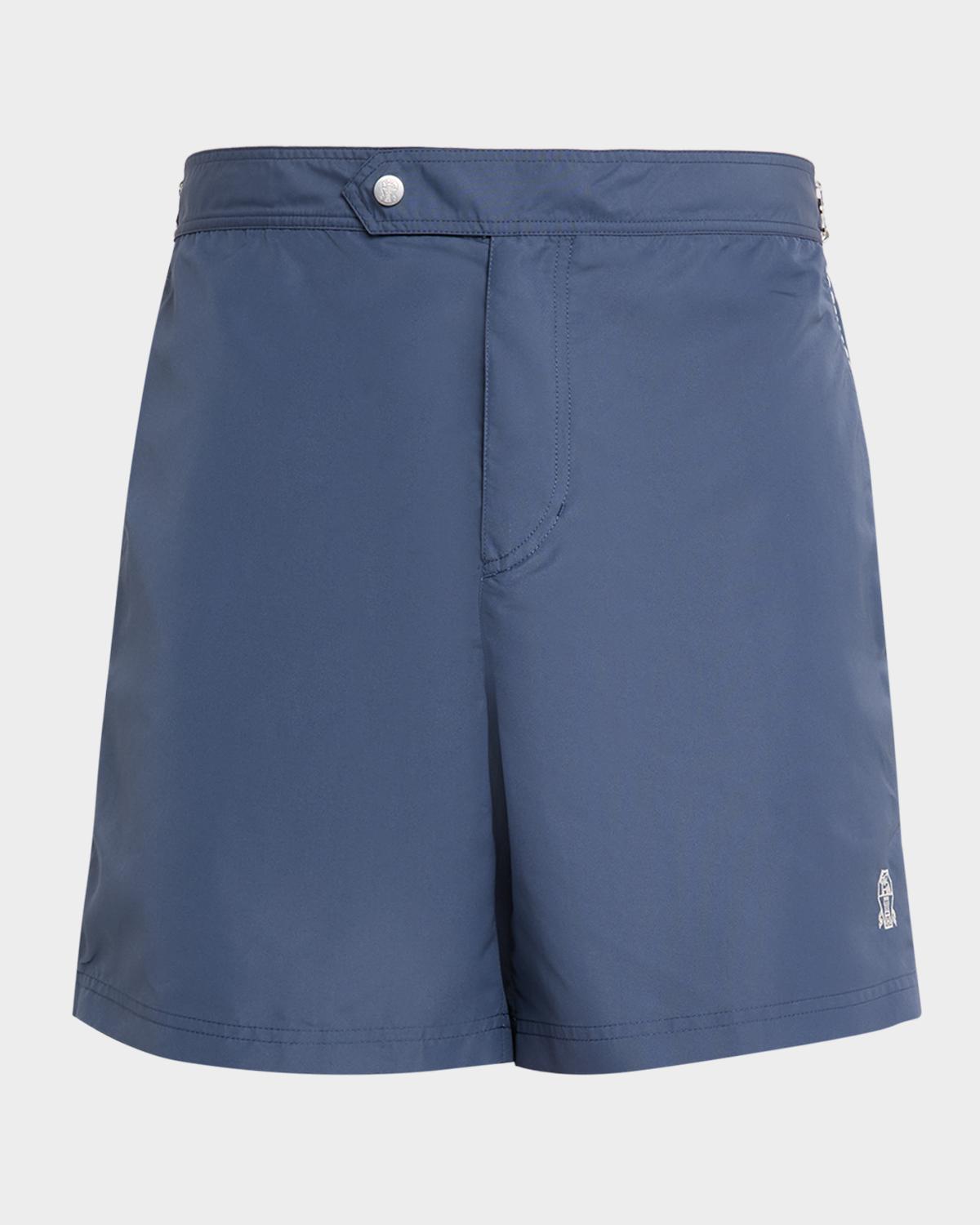 Brunello Cucinelli Men's Tabbed-Waistband Nylon Swim Shorts with Piping