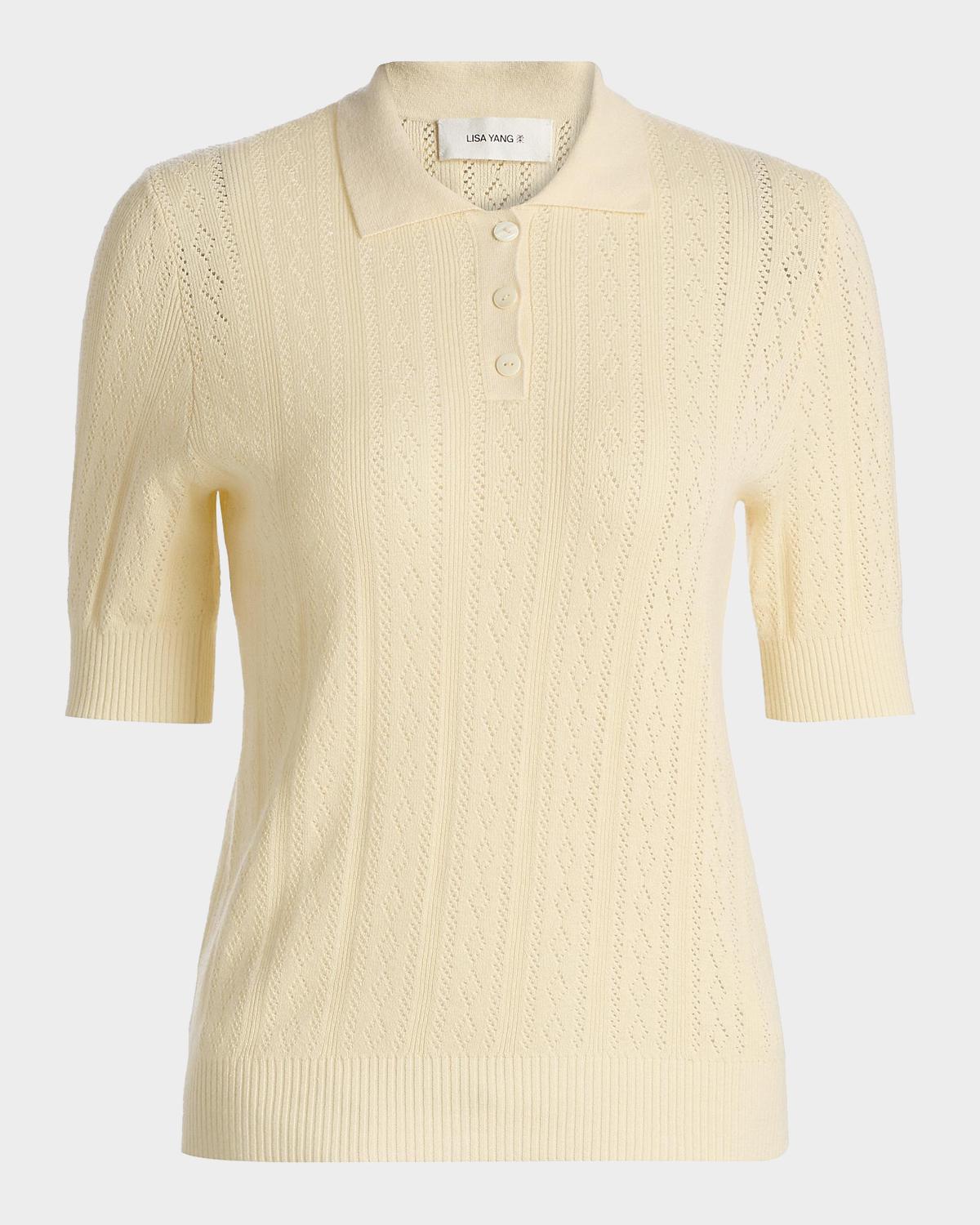 Lisa Yang Cristine Cashmere Pointelle Short-Sleeve Polo Sweater