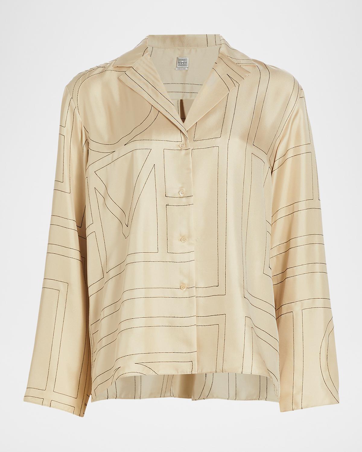 Toteme Monogram-Embroidered Silk Pajama Top