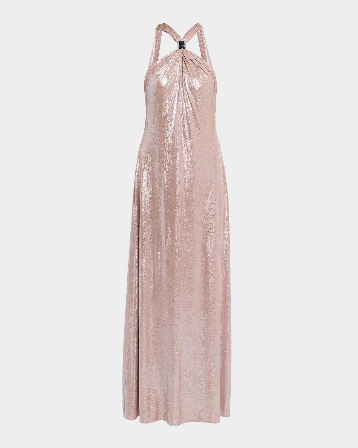 Halston Sofie Draped Metallic Jersey Halter Gown