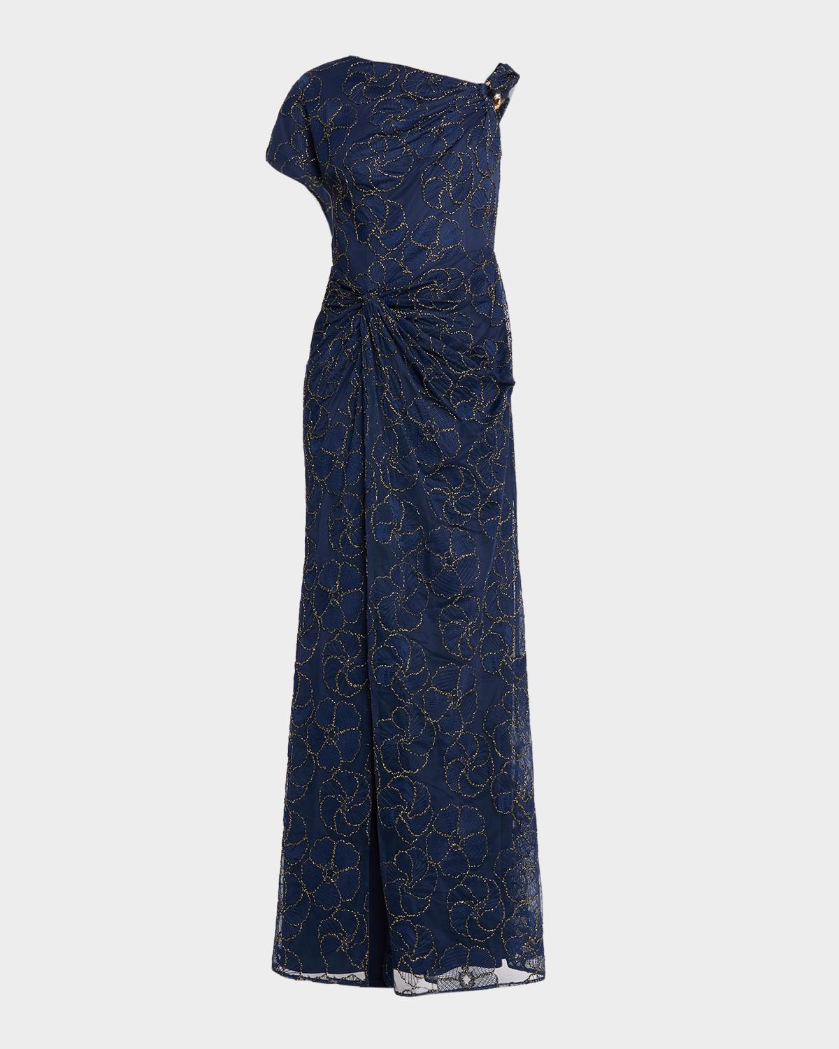 Aidan Mattox Metallic Floral-Embroidered Mesh Gown