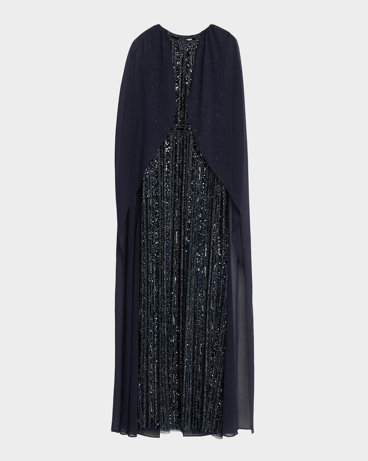 Aidan Mattox Beaded Cape-Sleeve Column Gown