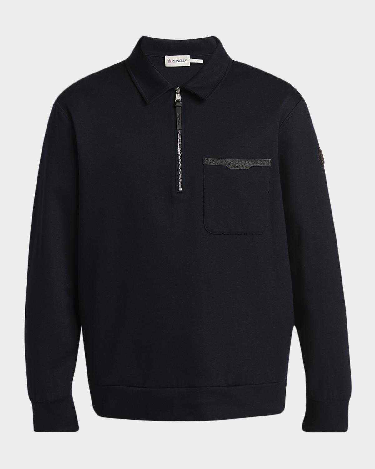 Moncler Men's Cotton Quarter-Zip Sweater with Leather-Trim Pocket