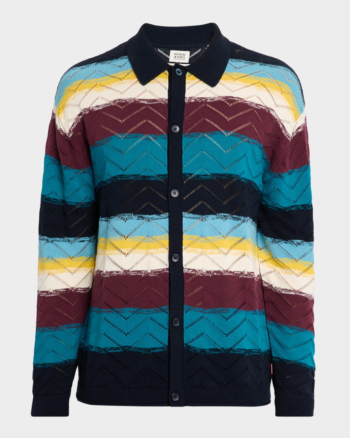Scotch & Soda Men's Stripe Open Structure Cotton Knit Cardigan