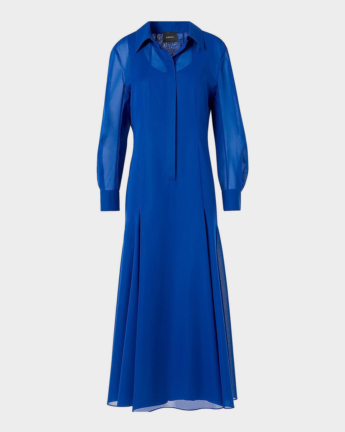 Akris Long-Sleeve Cotton Voile Fit-&-Flare Midi Shirtdress