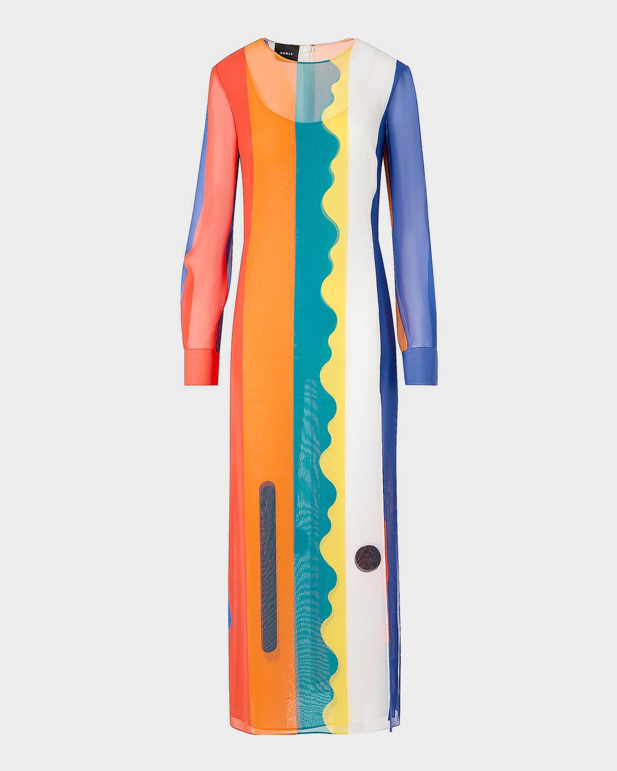 Akris Paravent-Print Silk Long-Sleeve Slits Maxi Dress