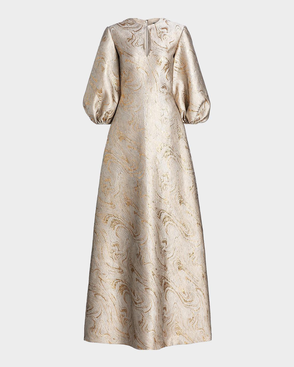 Reem Acra Balloon-Sleeve Metallic Brocade Kaftan Gown