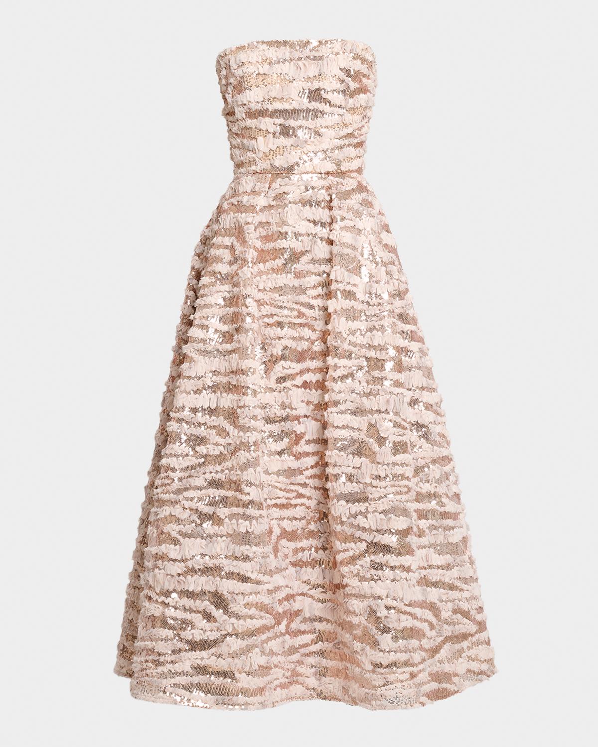 Elie Saab Sequined Chiffon Ruffled Strapless Tea-Length Dress