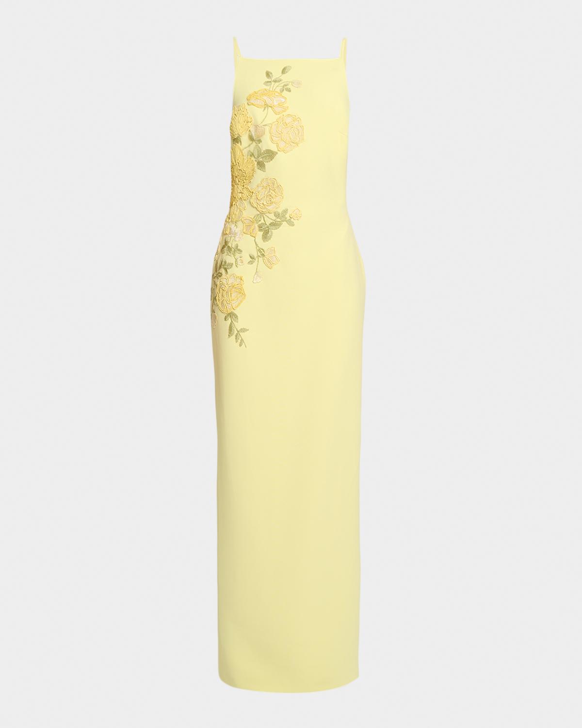 Elie Saab Floral Embroidered Cady Column Maxi Dress