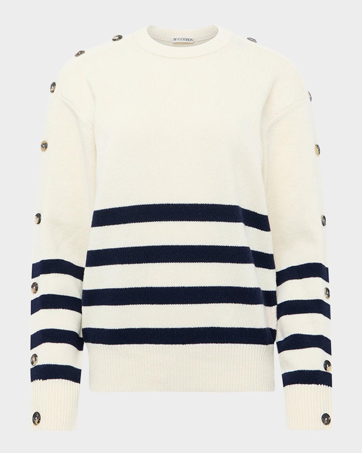 JW Anderson Buttoned-Sleeve Striped Crewneck Sweater