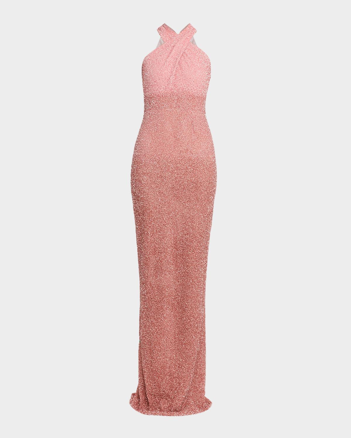 Pamella Roland Sequined Crisscross Halter Gown