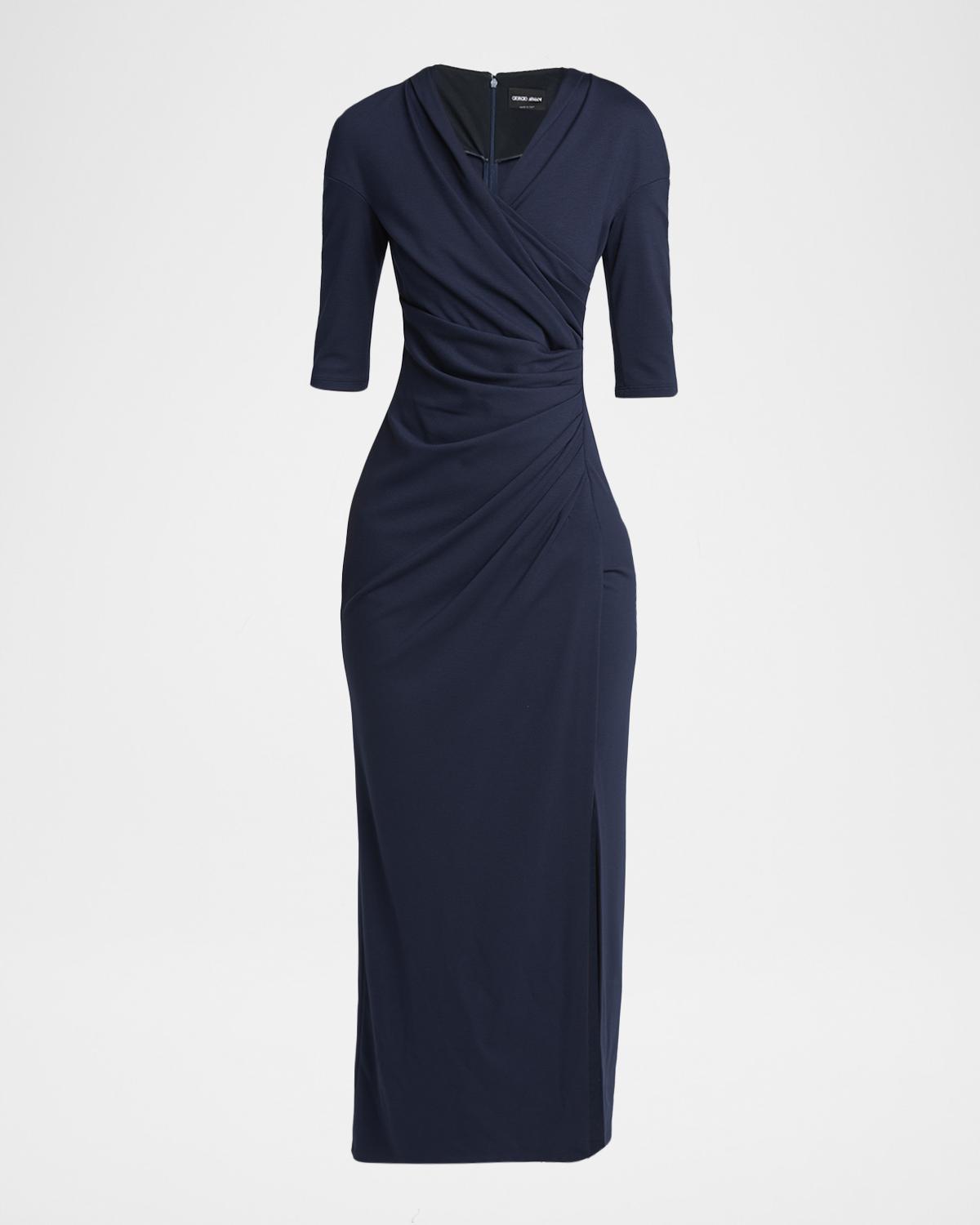 Giorgio Armani Elbow-Sleeve Draped Slit Midi Dress