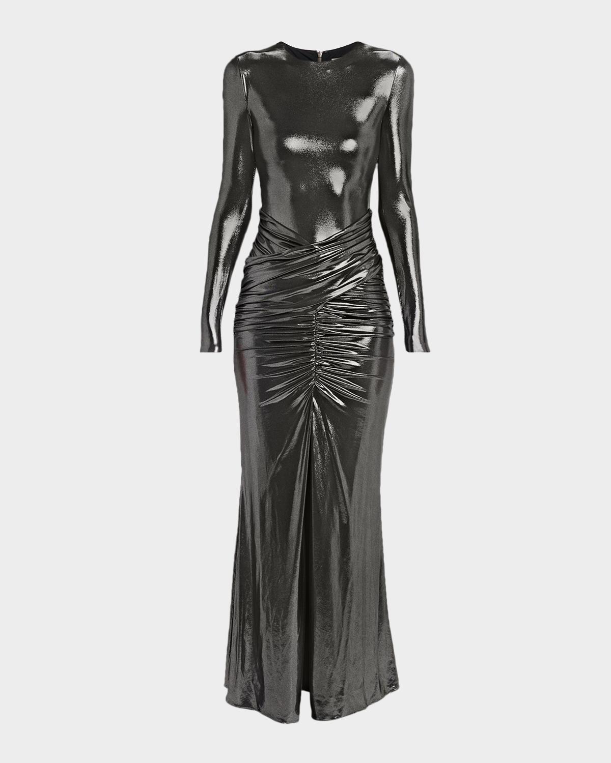 Et Ochs Stealla Metallic Ruched Long-Sleeve Gown