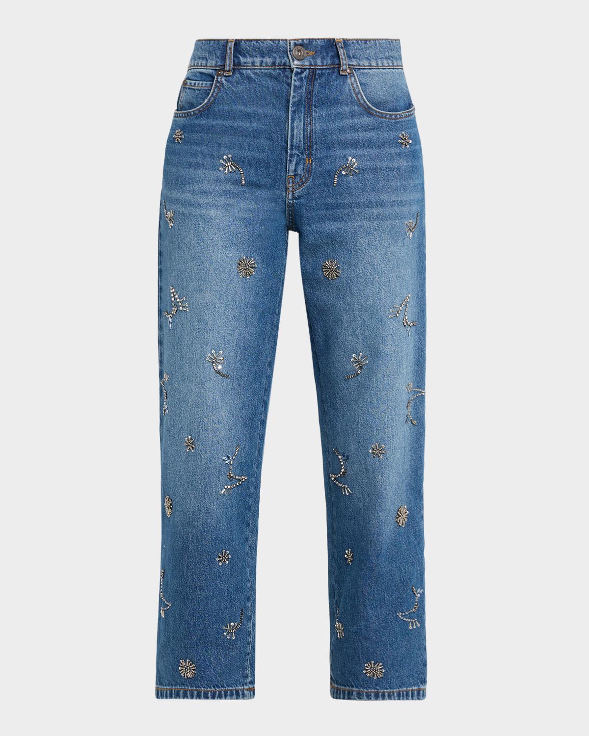 Weekend Max Mara Beaded Cotton Denim Crop Jeans