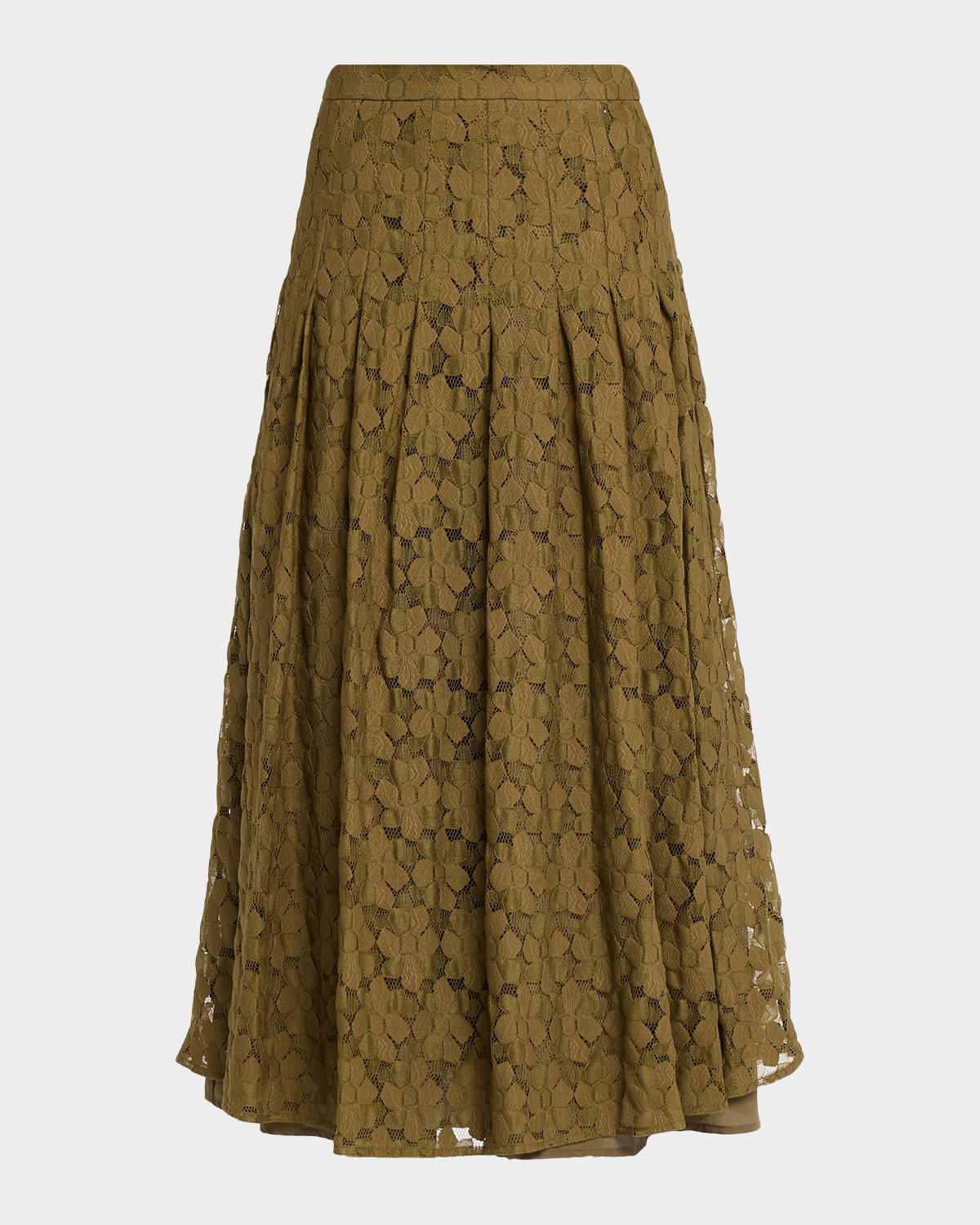 Max Mara Studio Pleated Floral Lace Midi Skirt
