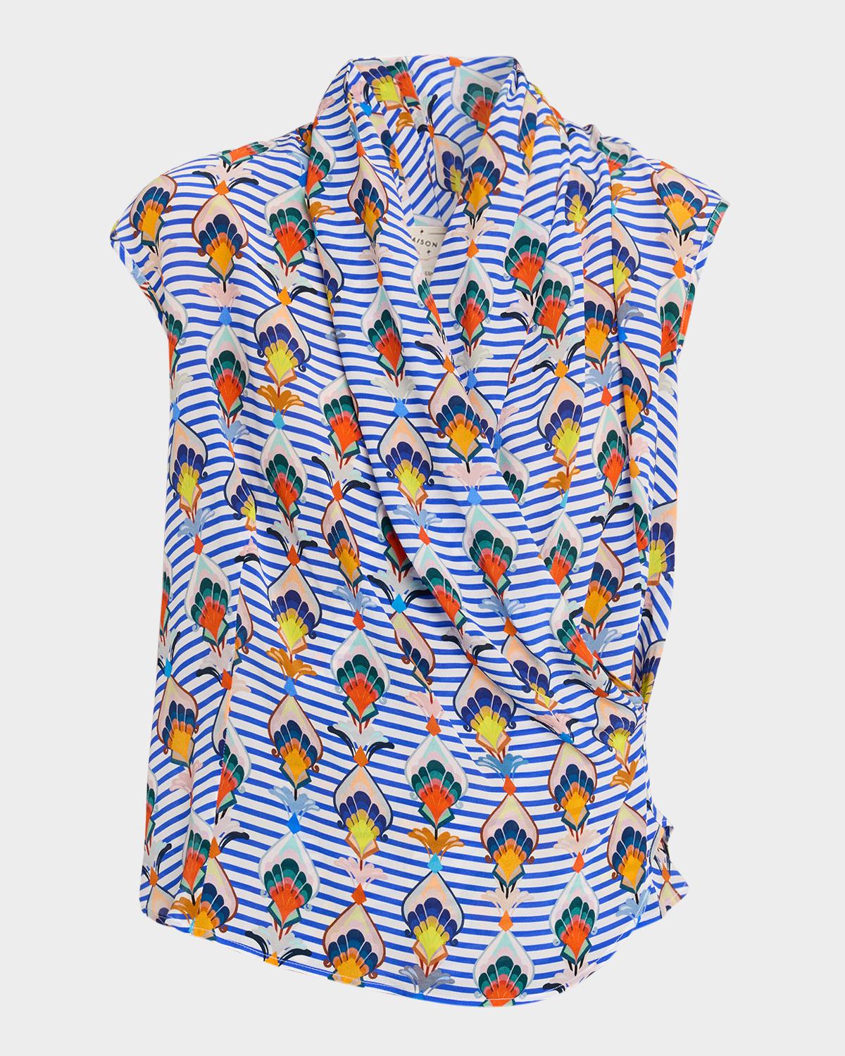 Maison Common Striped Geometric-Print Silk Blouse