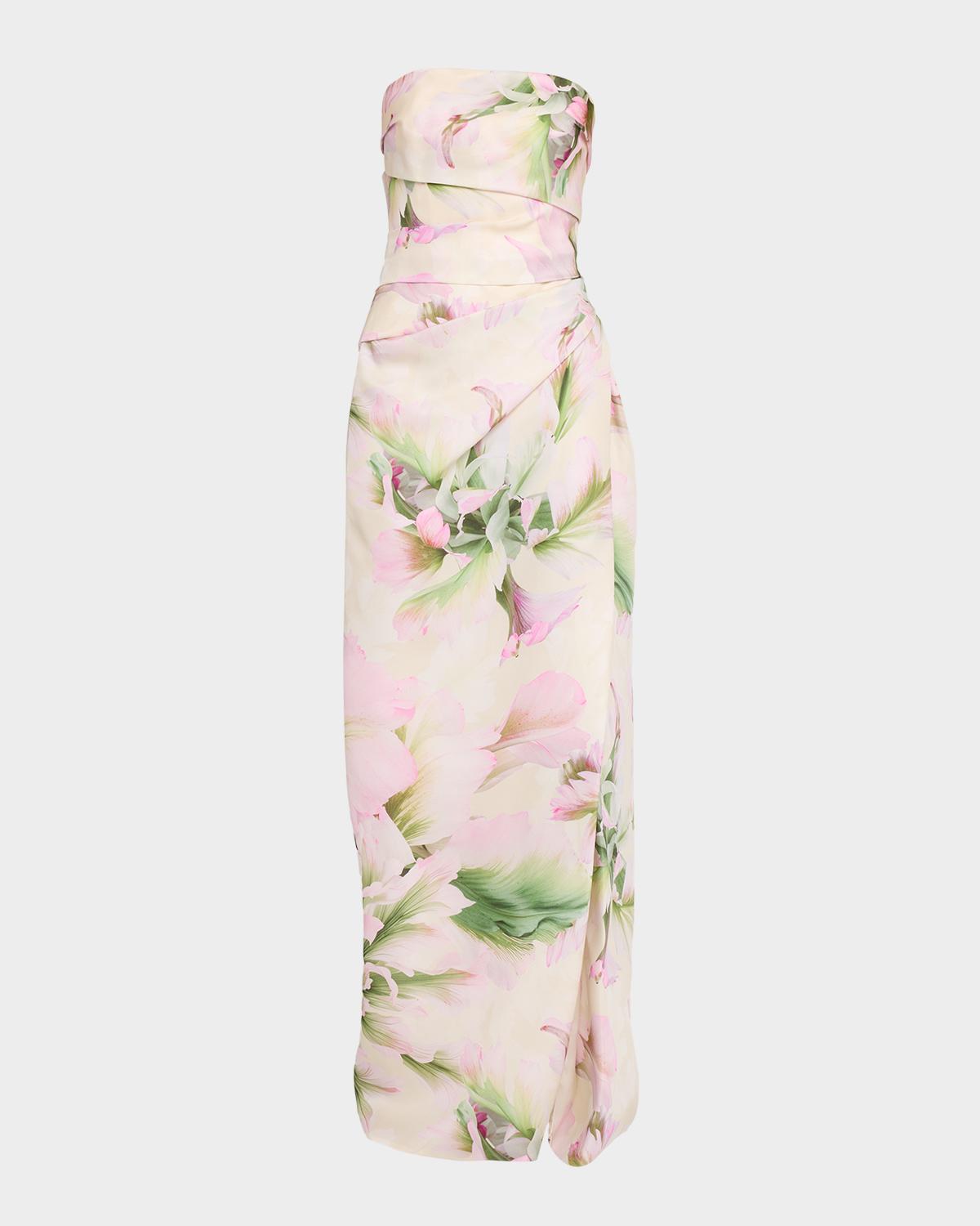 Monique Lhuillier Strapless Tulip Printed Gown with Slit