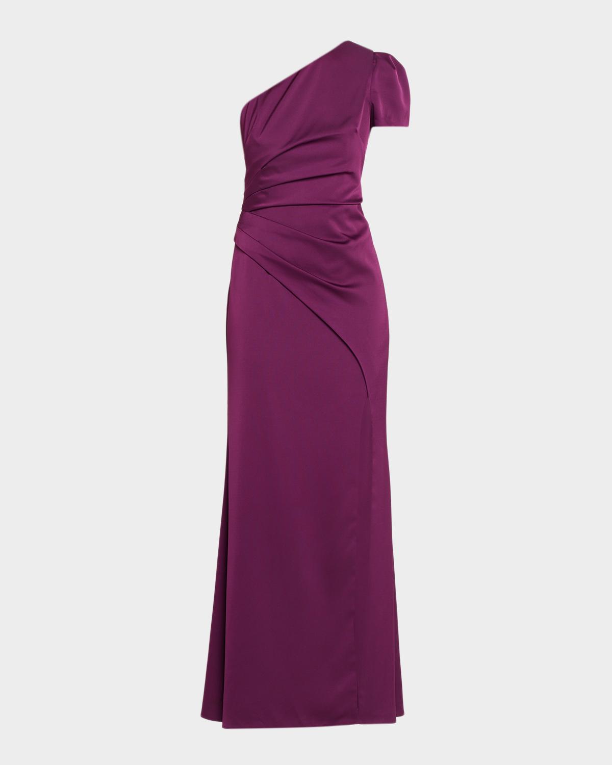 Aidan Mattox Pleated One-Shoulder Crepe Back Satin Gown