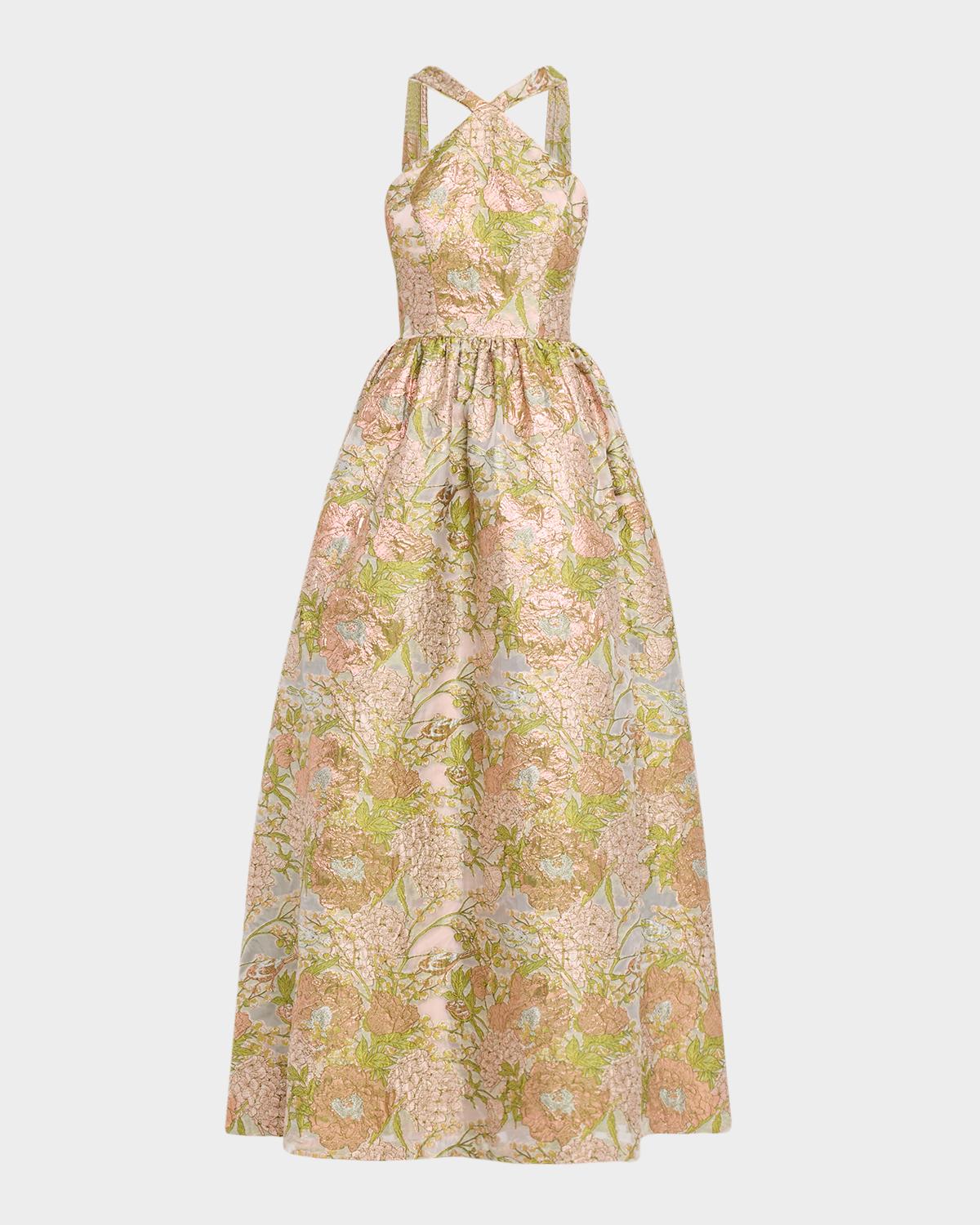 Aidan Mattox Draped Floral Jacquard Halter Gown