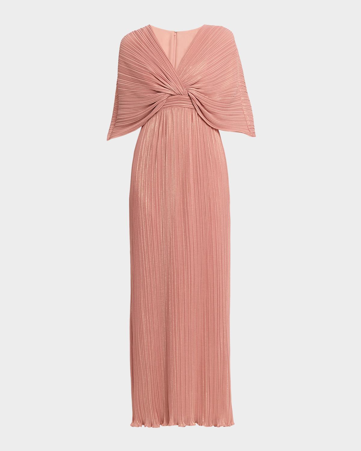 Aidan Mattox Pleated Metallic Chiffon Column Gown