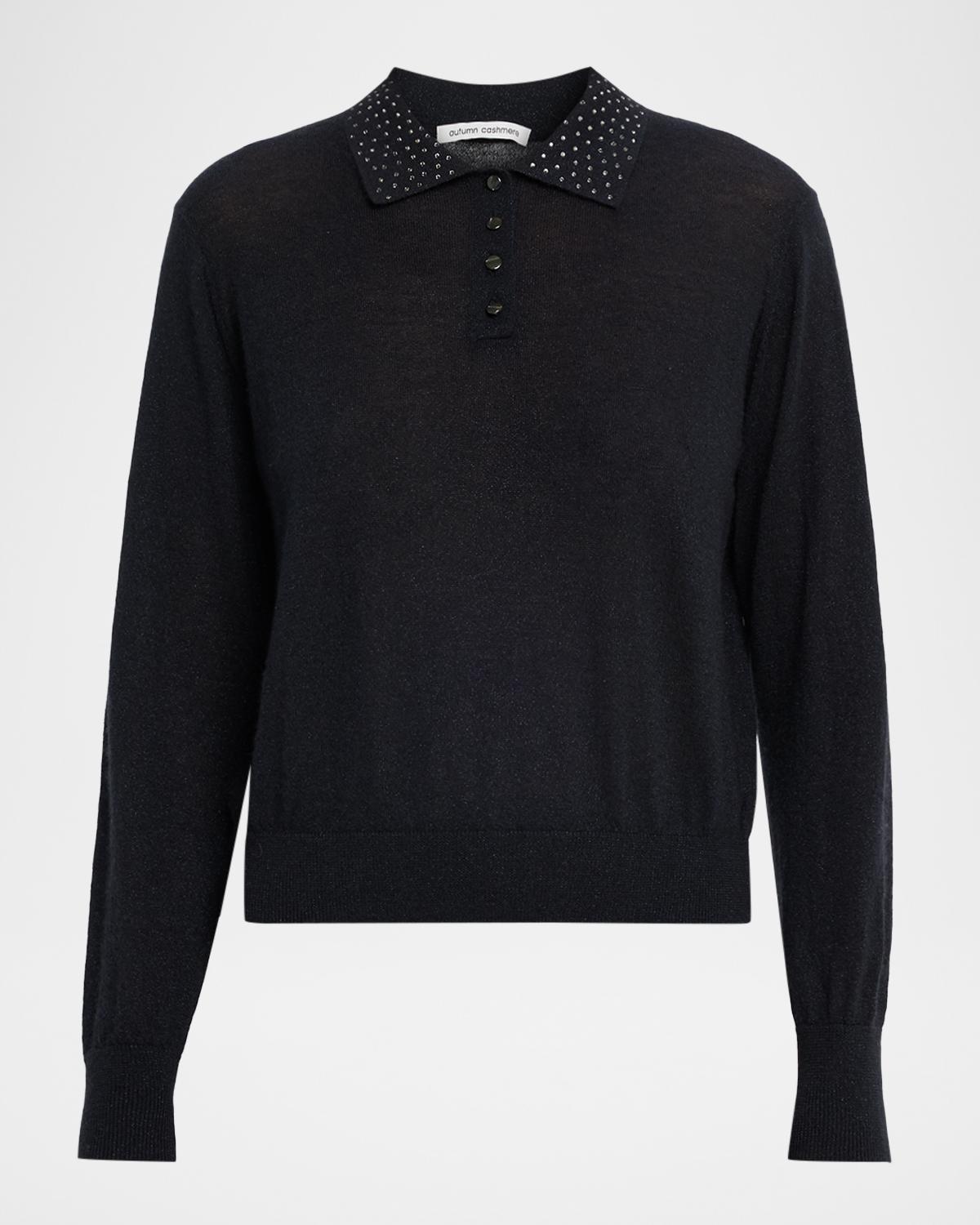 Autumn Cashmere Rhinestone-Embellished Cashmere Polo Sweater