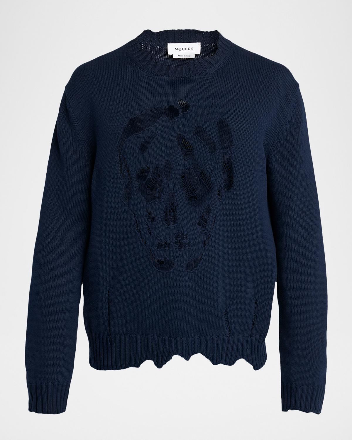 McQueen Men's Men's Distressed Skull Cotton Crewneck Sweater