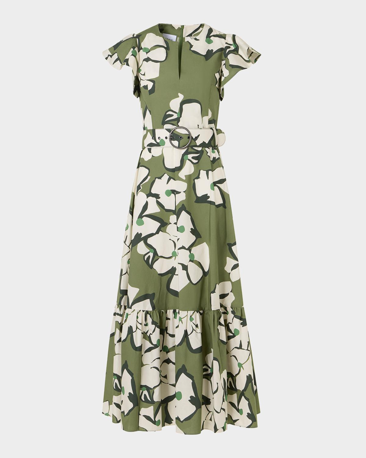 Akris punto Papercut Flower Cotton Ruffle Belted Midi Dress