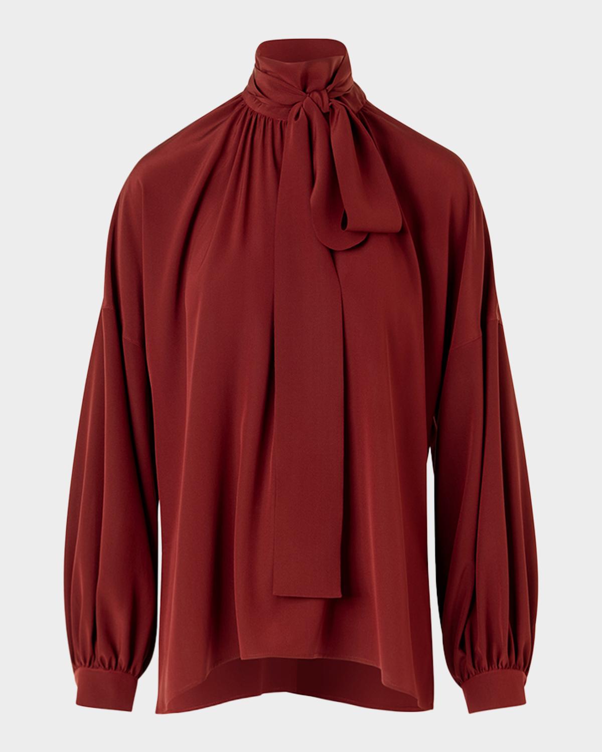 Mock-Neck Bow Tie Silk Crepe De Chine Blouse