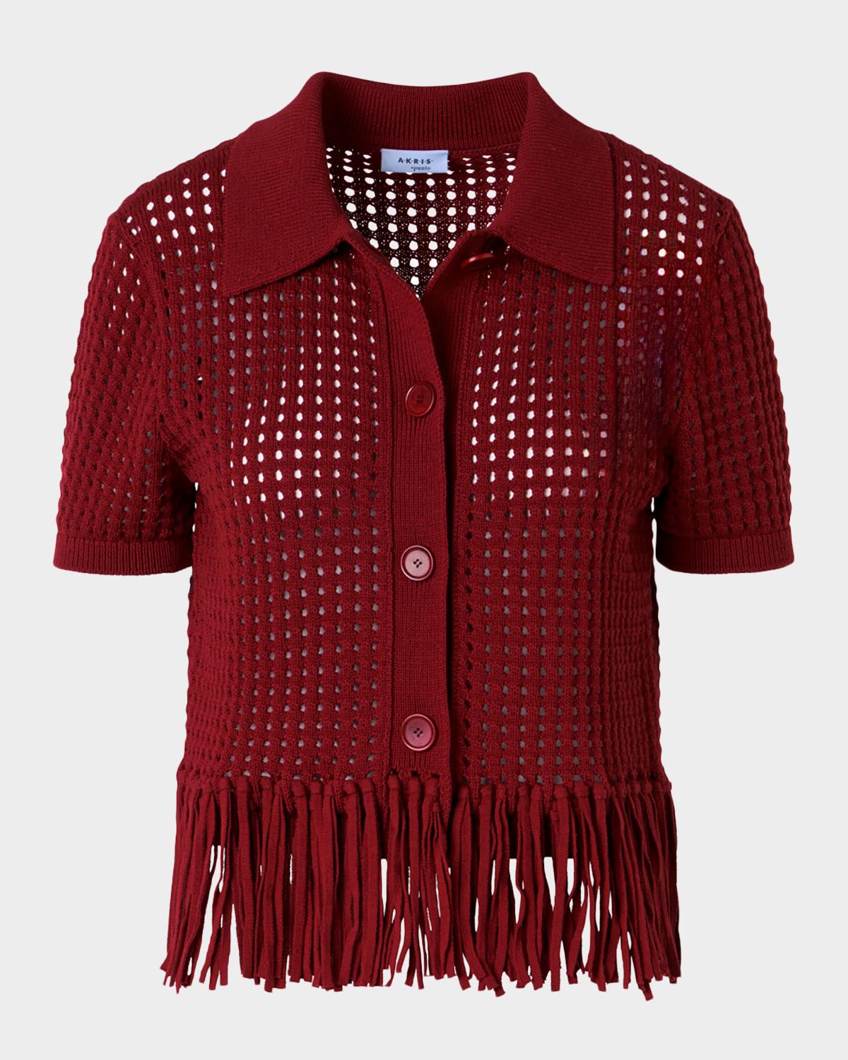 Akris punto Chunky Cotton Mesh Knit Fringed Collared Cardigan