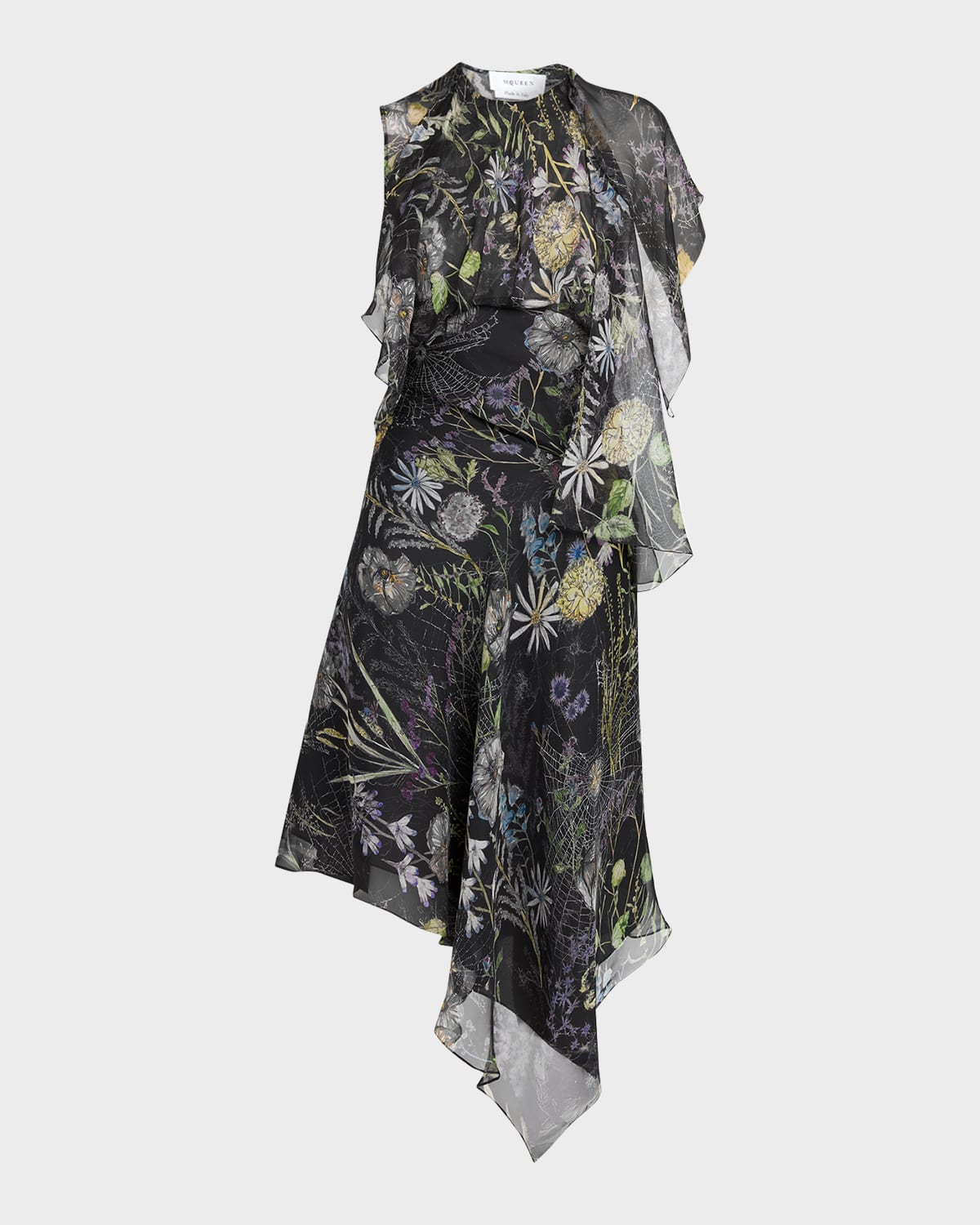 Alexander Mcqueen Floral-print Asymmetric Ruffle Midi Dress In Black