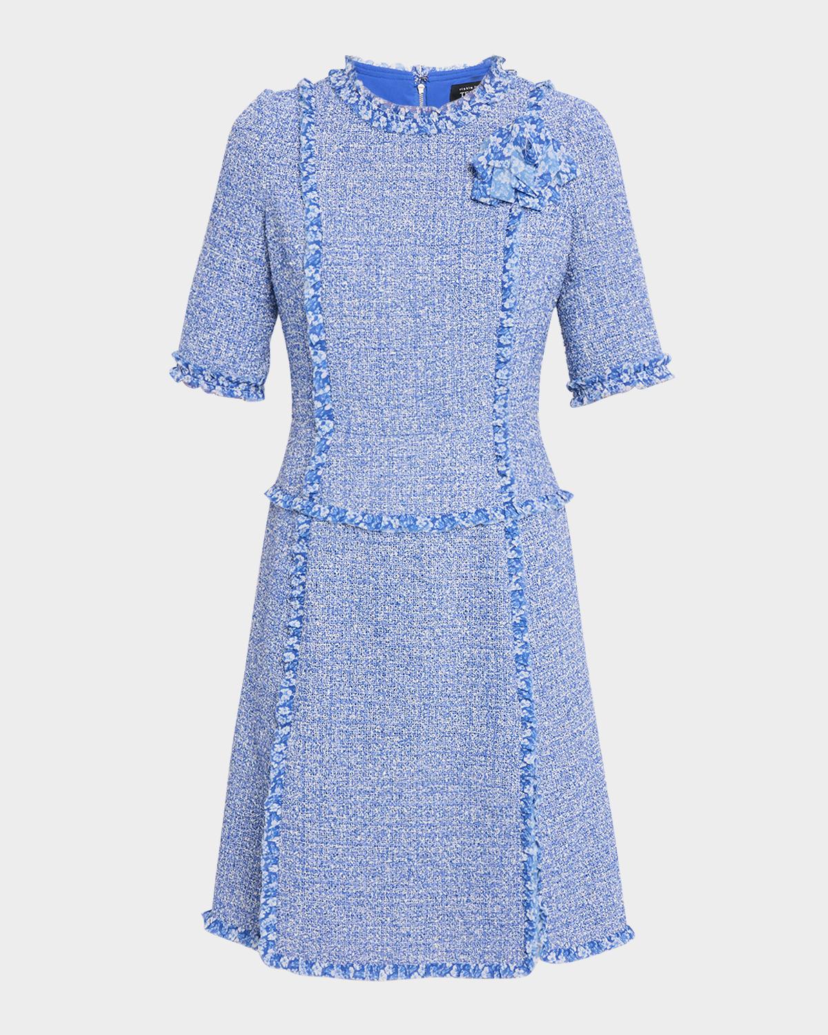 Rickie Freeman for Teri Jon Frayed-Trim Woven Tweed Dress