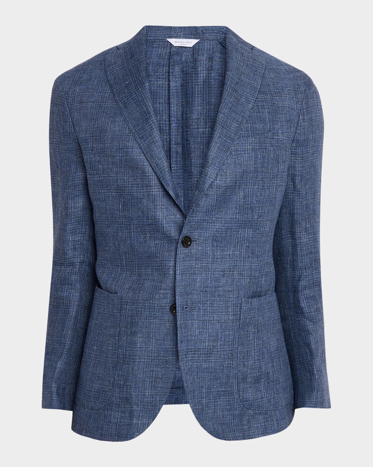 Boglioli Men's Plaid Linen Denim Single-Breasted Blazer