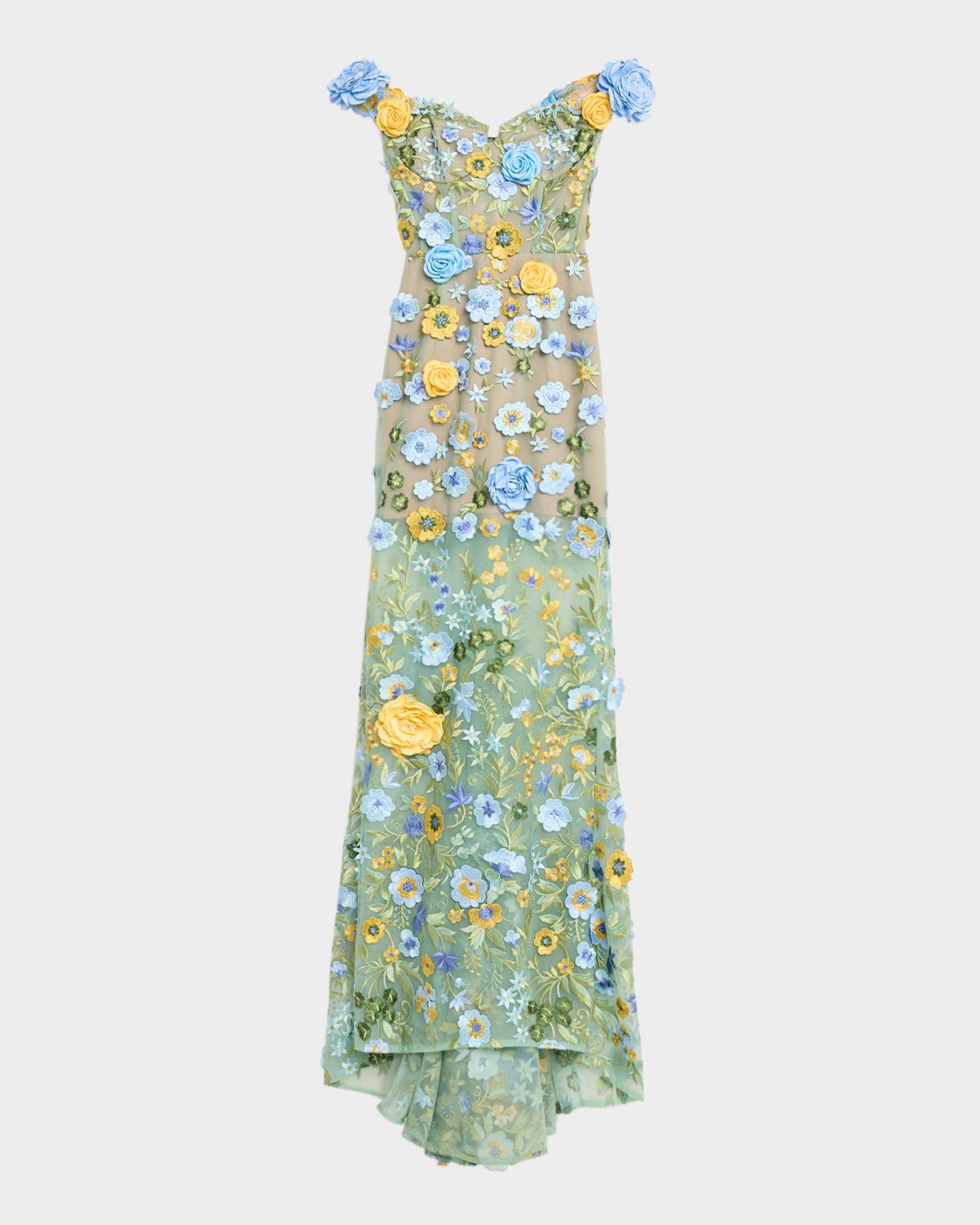 Bronx Banco Jasmine Off-Shoulder Floral Applique Gown