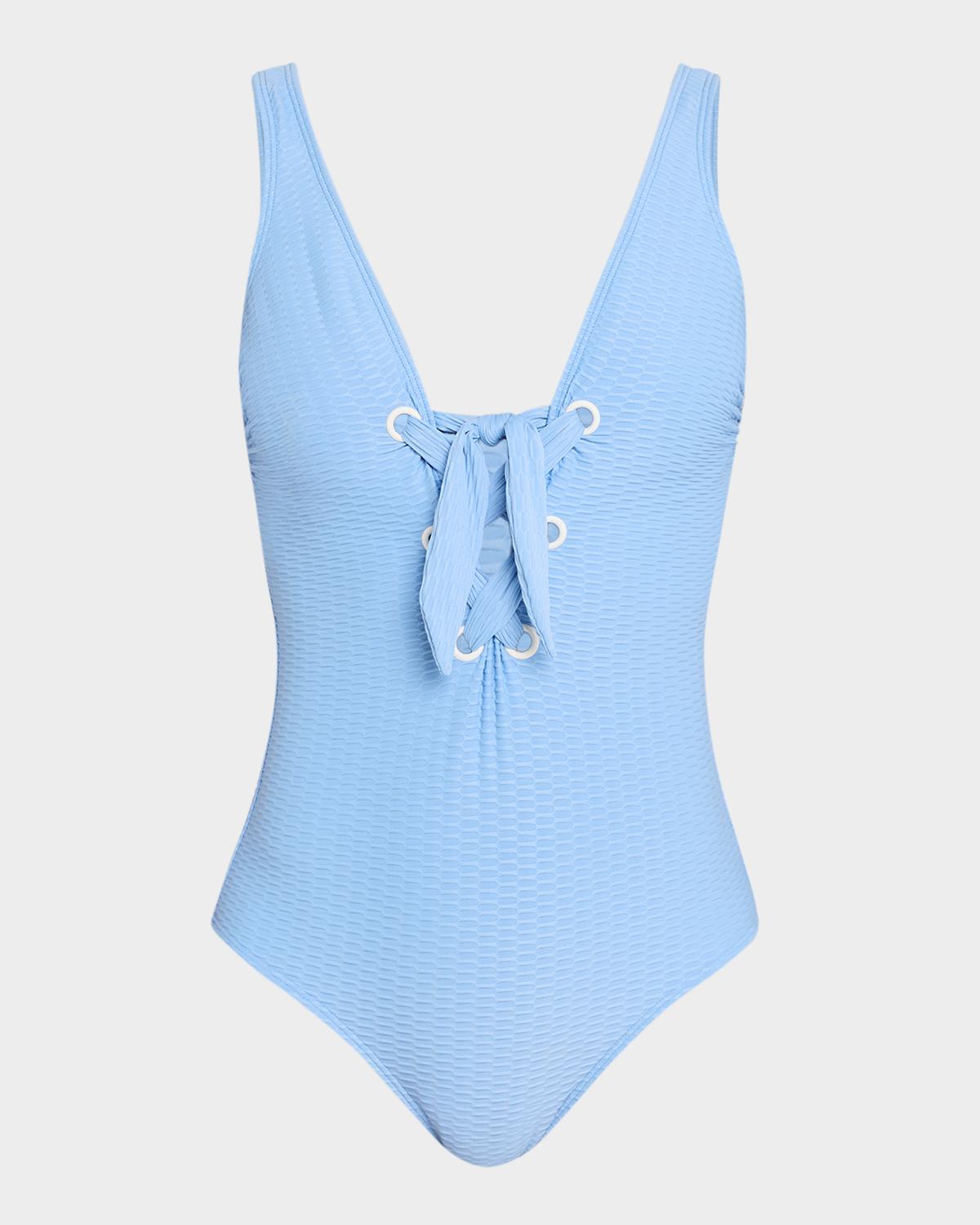 Shoshanna Lace-Up Textured One-Piece Swimsuit