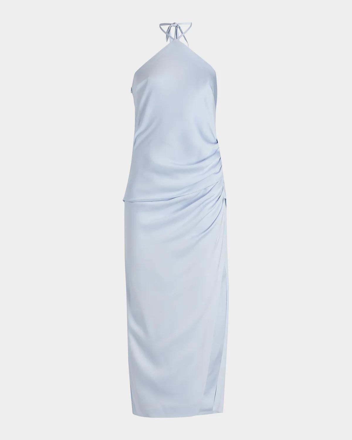 SIMKHAI Hansel Ruched Satin Halter Maxi Dress