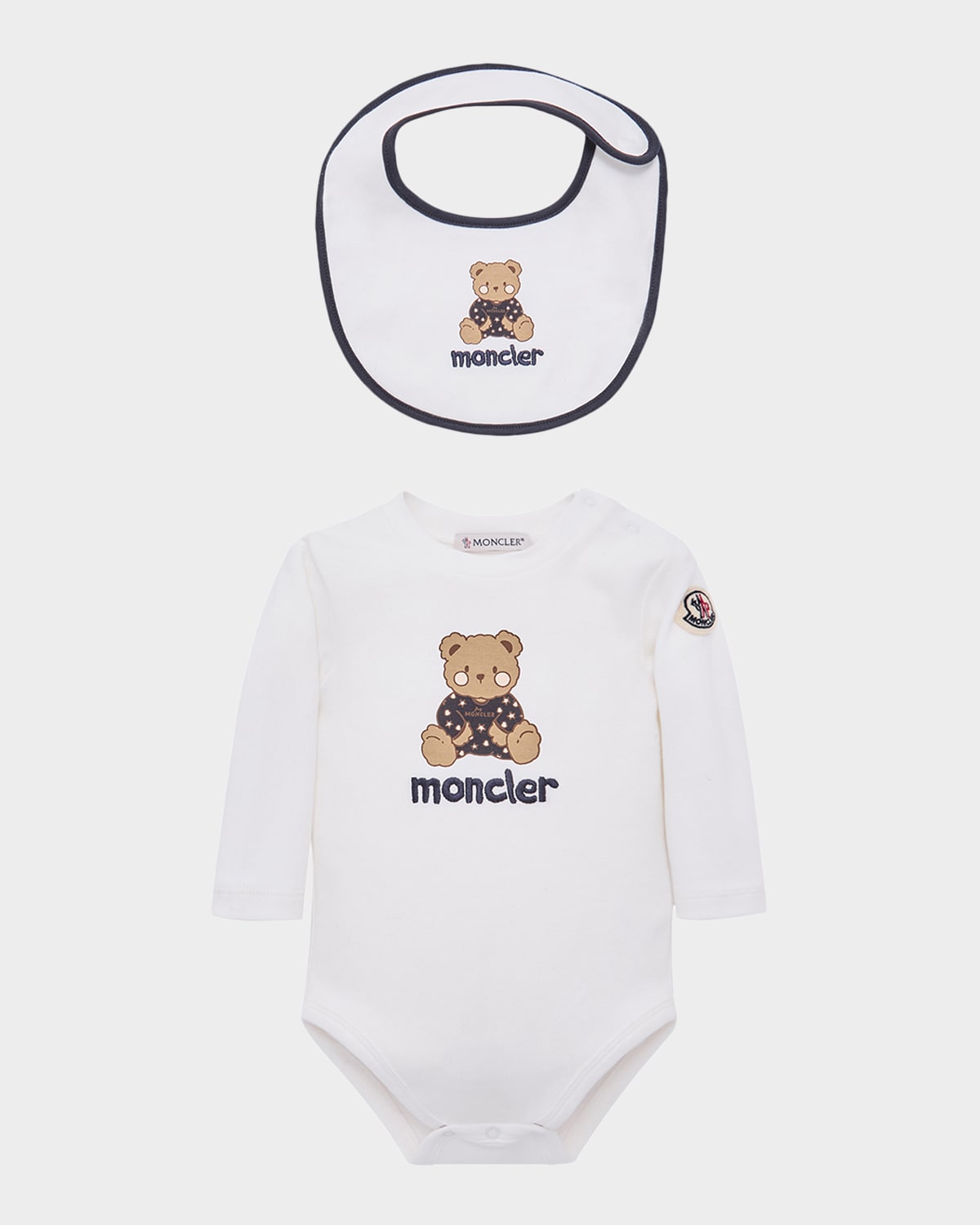 Moncler Kid 's Teddy Bear Logo Cotton Romper & Bib Gift Set, Size 1M-12M